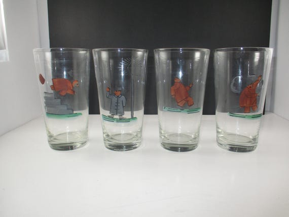 Set of Four Unique Vintage Hand Painted Drinking Glasses Man in Brown and Gray Coat Very Good Condition