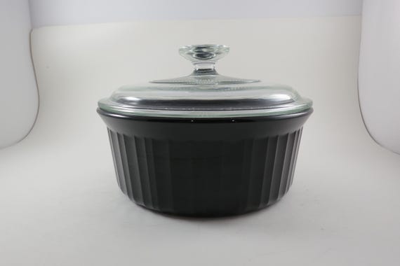 Vintage Corelle Black Souffle Dish with Glass Lid - 1.5 Quart