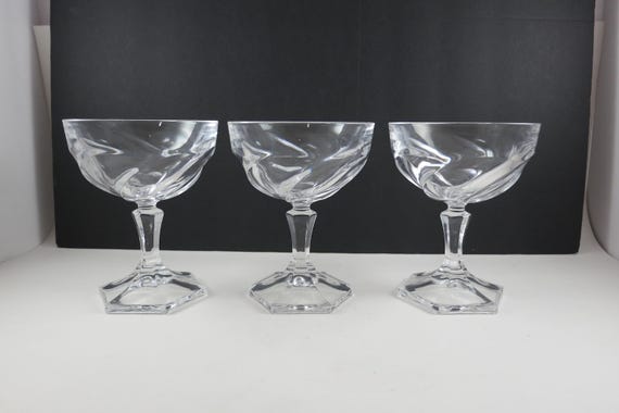 Set of Three Vintage Cristal D'Arques French Crystal Orsay Champagne Coupe Glasses Hexagon Base 5 Inches Tall Pristine Condition