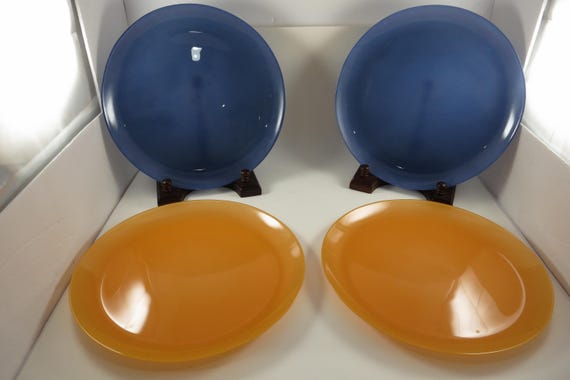 Set of 4 Vintage Luminarc Dinner Plates – 10.5 Inch Orange Blue ARC France