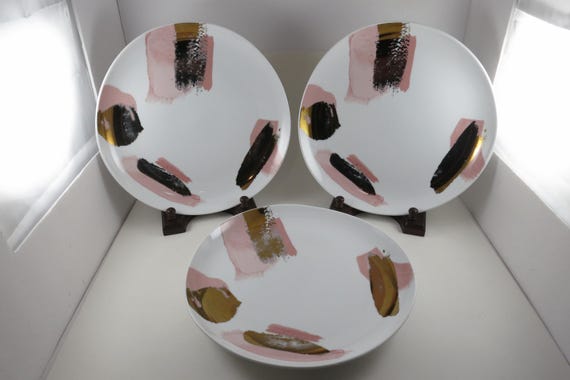 Set of 3 West Elm Gilded Brushstrokes Abstract Pink Gold Dinner Plates