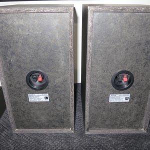 May include: Two rectangular Sony speaker cabinets with a dark gray textured finish. Each unit features a circular black terminal housing with red and black spring-clip connectors. White labels indicate left and right channels with model SS-NX10.