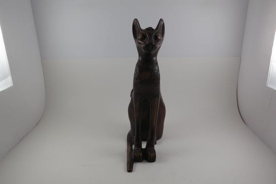 Beautiful Carved Wooden Ancient Egyptian Cat Goddess Bastet Stunning Detail 10 1/2 Inches Tall