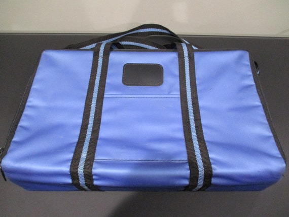1980's Black and Blue Vinyl Style Cassette Case with Double Strap Holds 30 Cassette Tapes