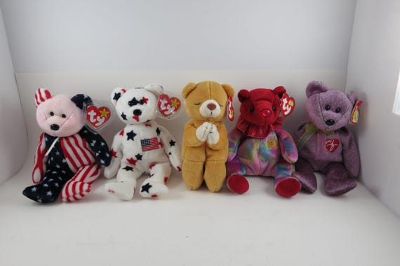 Collection of Five TY Beanie Babies Bears Hope July Glory Spangle 2000 Signature Bear All MWMT