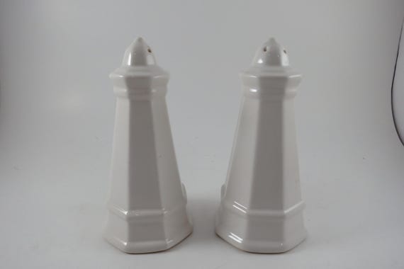 Pfaltzgraff Heritage (White) Pattern Salt and Pepper Set Paneled Lighthouse Design