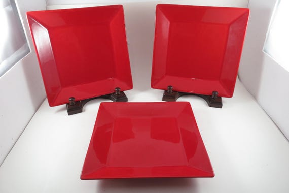 Three Crate & Barrel Red 8 1/2 Inch Square Salad Plates