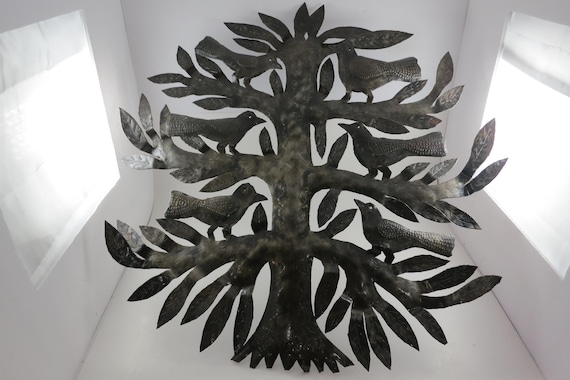 Vintage MCM Folk Art Wall Decor Tree of Birds Large 22x21 Signed Hand Crafted 1980's