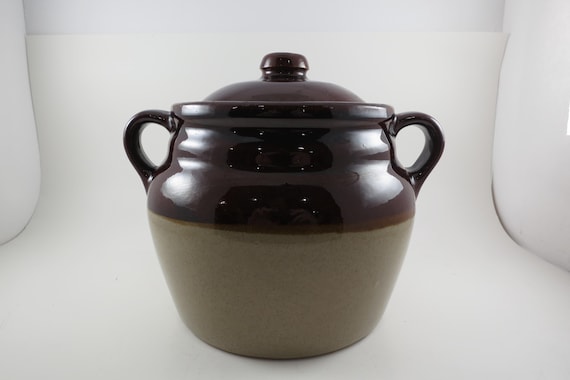 Beige & Brown Double Handled Bean Pot with Original Lid