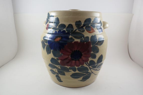 Vintage Large Pottery Crock/Jar with Lid Cookies Hand Painted Double Mini Handles
