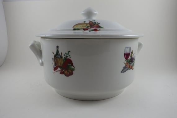 Vintage Apilco France Covered Round Vegetable Serving Bowl with Lid Fruits and Vegetables