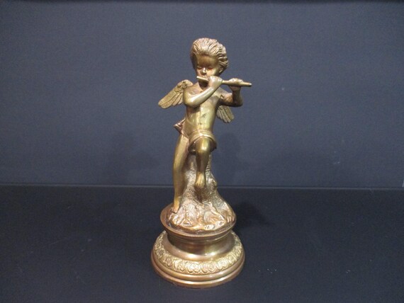 Beautiful Heavy Brass 8 Inch Angel Figure Playing Flute Very Detailed Excellent Condition