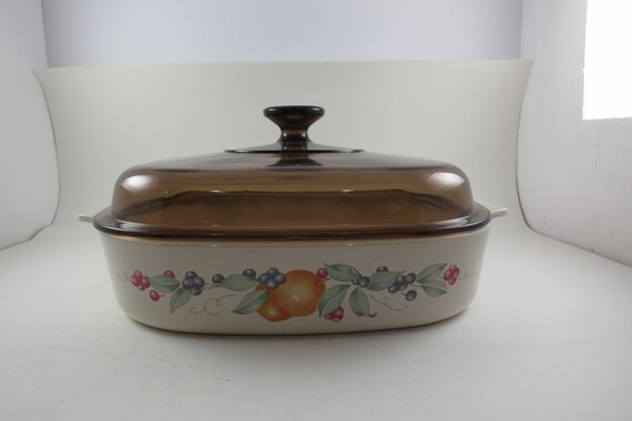 Vintage Corning Ware Skillet: Abundance Pattern, A-10-B 1992-96 with Brown Fireside Lid