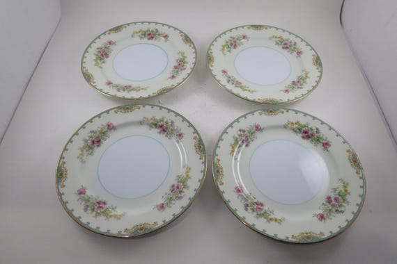 Vintage Noritake Florola Salad Plates (Set of 4): Teal Green Floral Border, 1940s N90