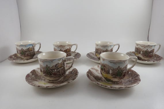 6 Johnson Brothers Olde English Countryside Brown Multicolor Demitasse Cup & Saucer Sets