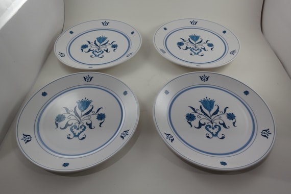 Set of Four Vintage Noritake Progression China Blue Haven Pattern 9004 Salad Plates 8 1/4 Inches Like New Condition