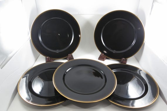 Set of 5 Vintage Fitz & Floyd Pavillon Black Dinner Plates with Gold Trim