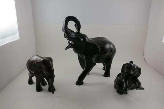 Three Vintage Feng Shui Dark Resin Elephant Figures No Tusks Different Sizes Excellent Condition