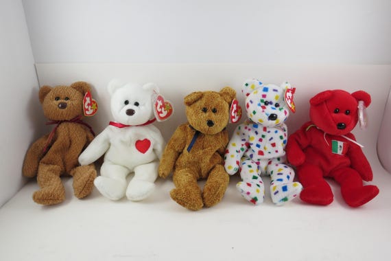 Collection of Five TY Beanie Babies Bears Curly Valentino Osito TY 2K Fuzz All MWMT
