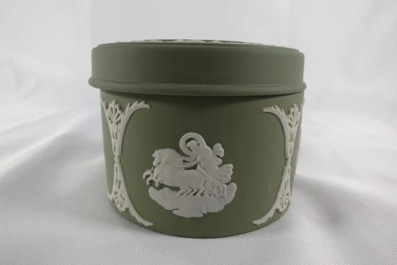 Sage Green Wedgwood Jasper Ware Round Trinket Box with Lid Neoclassical  Relief Figures
