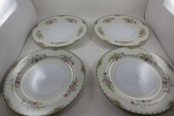 Vintage Noritake Florola Pattern China Dinner Plates: Teal Green Floral Border, Set of 4