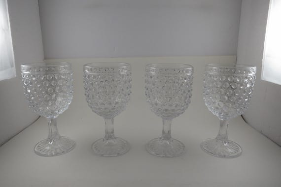 Set of Four Clear Glass Hobnail Wine Water Pedestal Glasses