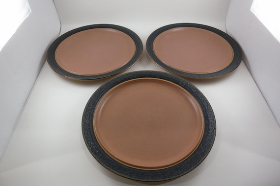 Vintage Kasuga Stoneware Dinner Plates (Set of 3), Black Brown 10 3/4 Inch