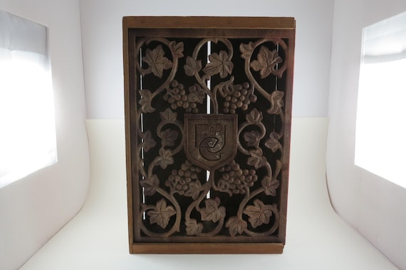 Vintage Ernest & Julio Gallo Wooden Wine Box With Carved Grapevine Sliding Door