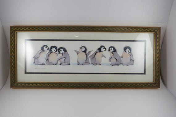 Framed Watercolor Print Penguin Chicks Valerie Pheiffer Artist Signed 19x8