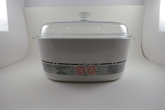 Vintage Corning Ware Dutch Oven: 5 Quart Silk & Roses Pattern with Original Glass Lid