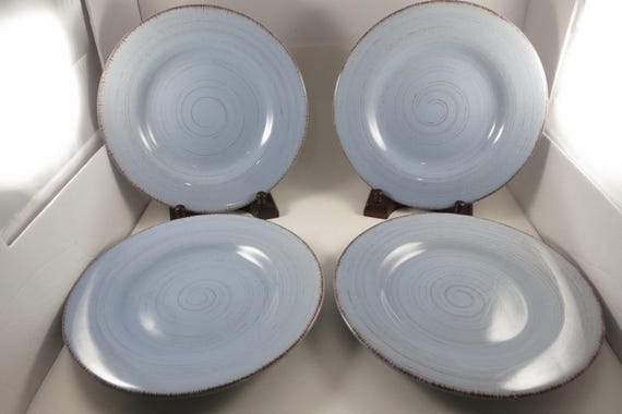 Set of 4 Williams Sonoma Blue 11 Inch TAG Dinner Plates Ironstone Brown Edges