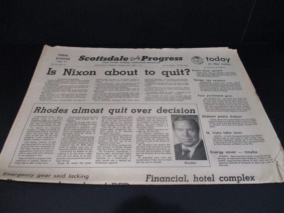 Vintage Thursday August 8 1974 Scottsdale Daily Progress Newspaper AZ Nixon To Resign Tonight