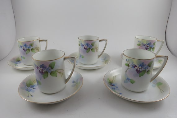 Vintage 1920's Nippon Hand Painted Demitasse Cup & Saucer Sets Set of 5 Rising Sun