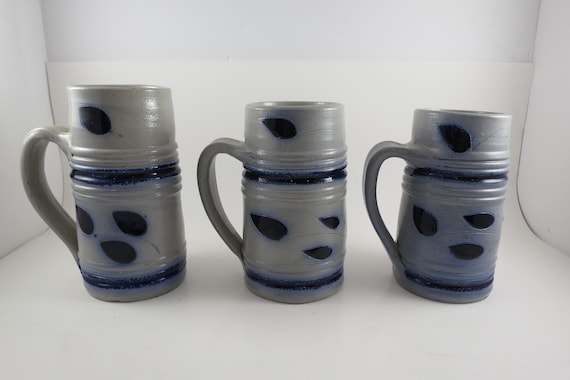 Vintage Williamsburg Pottery Stoneware Mugs, Cobalt & Gray, Set of 3