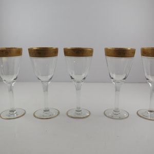 Set of Five  Tiffin Franciscan Gold Rimmed Small Stem Glasses 5 Inches Tall