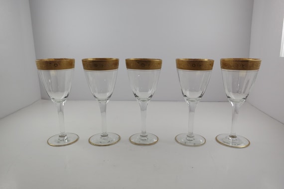 Set of Five Vintage Tiffin Franciscan Gold Rimmed Small Stem Glasses 5 Inches Tall