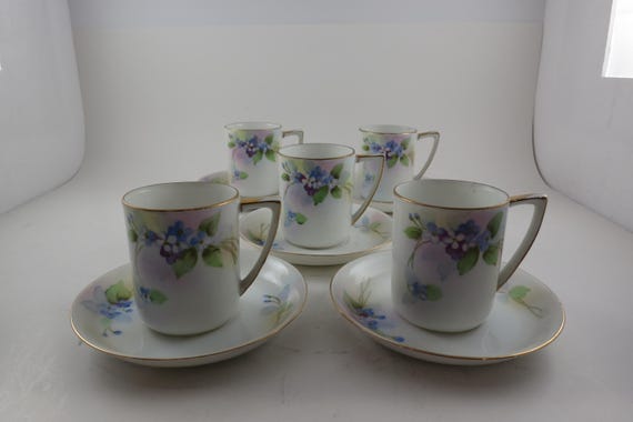 Set of Five Vintage Nippon Hand Painted Demitasse Cup and Saucer Sets Purple Blue Flowers Excellent Condition