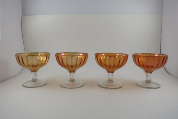 Set of Four Vintage Imperial Carnival Glass Marigold Footed Sherbet Glasses
