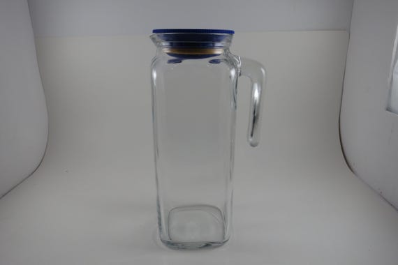 Vintage 9 Inch Bormioli Italian 1 Liter Juice Water Carafe with Original Blue Lid