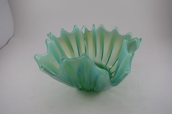 Green and White Art Glass Ornate Bowl Unique