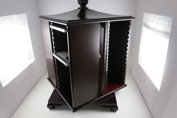 Vintage Dark Cherry Wooden Rotating Carousel 64 CD Holder Bombay Company Deluxe Model with Finial and Fancy Base Excellent Condition
