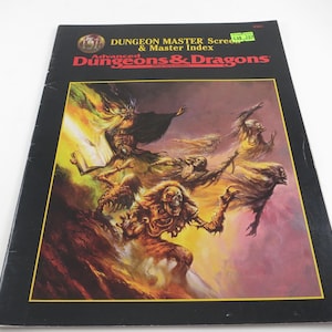 May include: A black Advanced Dungeons & Dragons Dungeon Master Screen & Master Index booklet. The cover features a colorful fantasy illustration of skeletal figures and a robed character with a glowing book against a dark, smoky background.