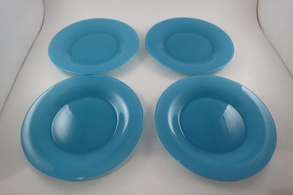 Set of Four Arcoroc France Translucent Teal 7 3/4 Inch Salad Plates