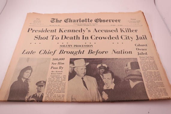 Monday November 25 1963 Charlotte Observer Complete Newspaper President Kennedy's Killer Shot to Death