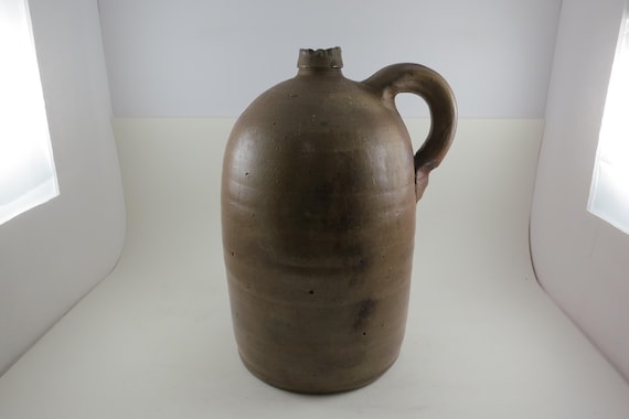 Late 1800's Pottery Jug with Handle Brown 11 1/8 Inches Tall Beautiful Display Piece