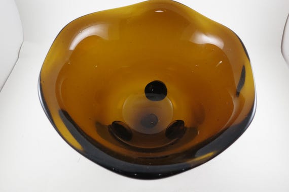 Vintage Hand Blown Amber Art Glass Heavy Tri Foot Bowl
