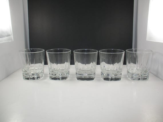 Vintage Set of Five Libbey Squier 4 Inch Heavy Base Square Clear Glass Tumblers Excellent Used Condition