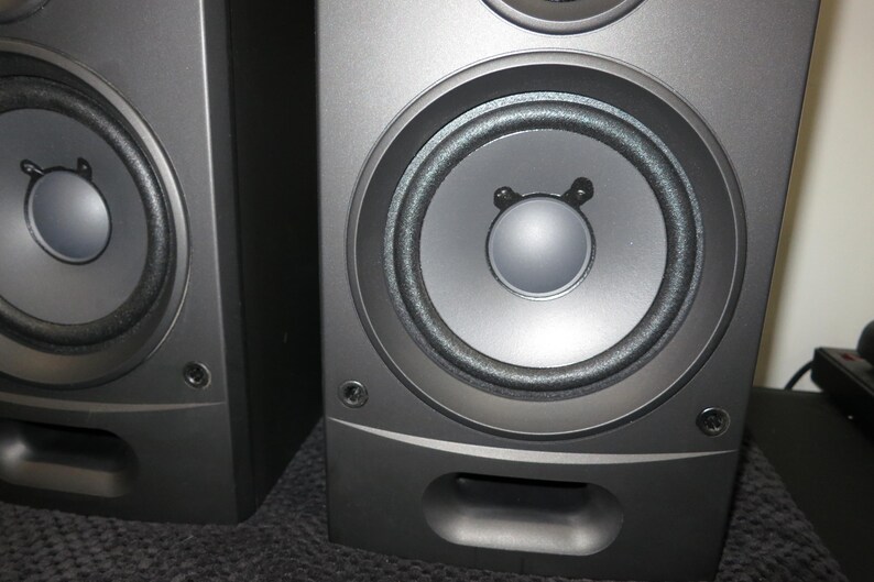 May include: Two dark grey speakers with circular speaker cones. The speakers have a simple, modern design with a rounded base and a small, rectangular port. They are likely for home audio or entertainment systems.