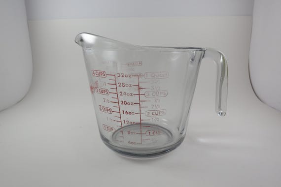 Vintage Anchor Hocking 4 Cup Measuring Cup Red Lettering Very Good Condition Lettering Faded