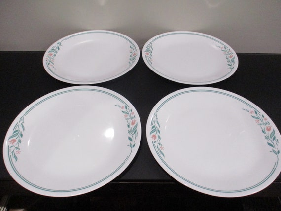 Set of Four Vintage Corelle by Corning Rosemarie Pink Tulips Pattern 10 1/4 Inch Dinner Plates Like New Condition